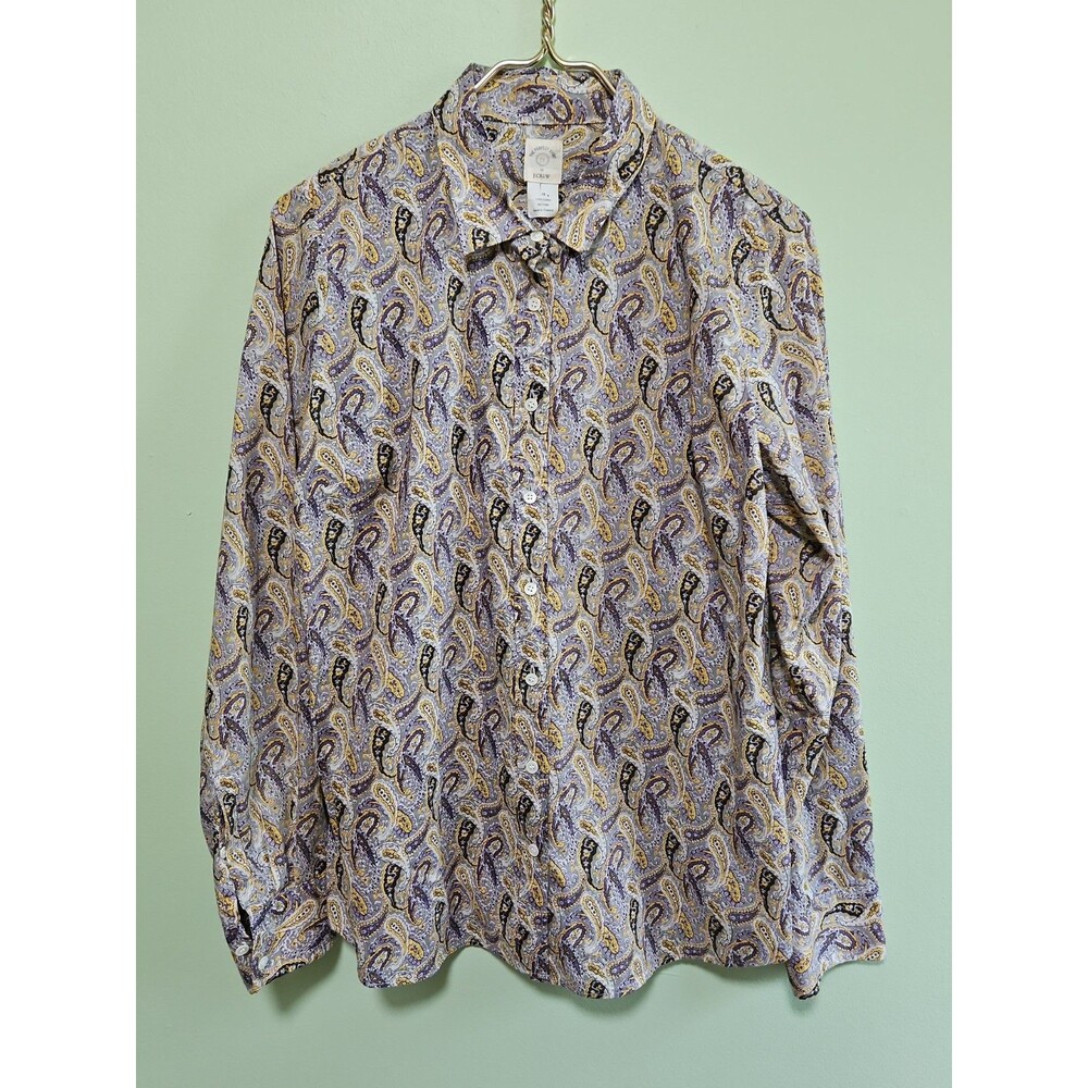 J Crew Womens Perfect Shirt Size 12 Gray Yellow Paisley Long Sleeve Button Up